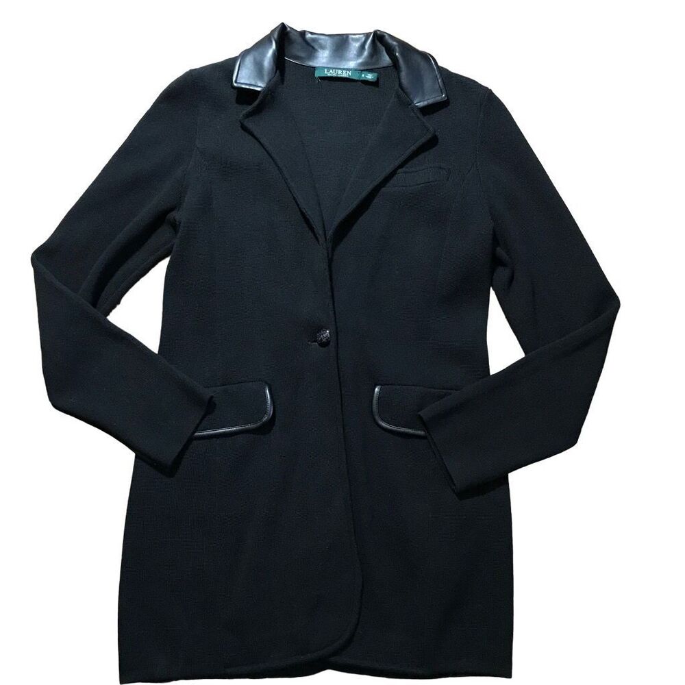 Lauren Ralph Lauren Black Cotton long blazer coat faux leather collar sz S